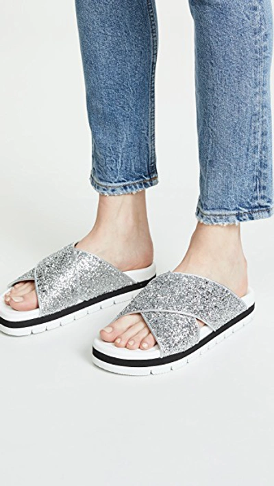 Shop Msgm Crisscross Sandals In Silver Glitter