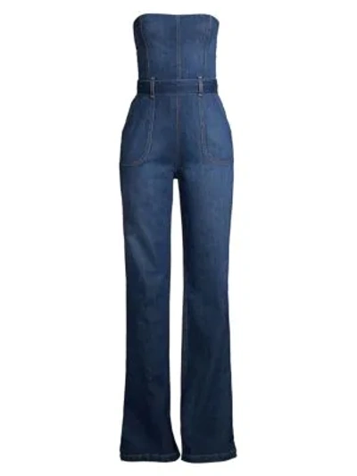 Shop Alice And Olivia Gorgeous Susy Strapless Denim Jumpsuit In Love Train