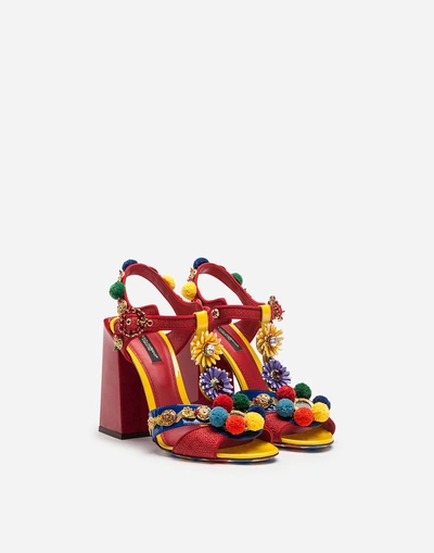 Shop Dolce & Gabbana Raffia And Patent Leather Sandals With Appliqués In Multi-colored