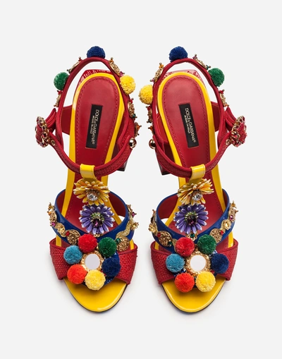 Shop Dolce & Gabbana Raffia And Patent Leather Sandals With Appliqués In Multi-colored