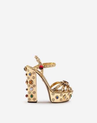 Shop Dolce & Gabbana Bejeweled Platform Sandals In Mirrored Calfskin In Gold
