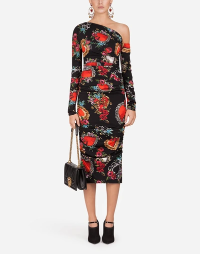 Shop Dolce & Gabbana One-shoulder Dress In Heart And Rose Print Silk In Black