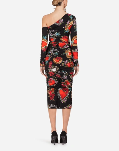 Shop Dolce & Gabbana One-shoulder Dress In Heart And Rose Print Silk In Black