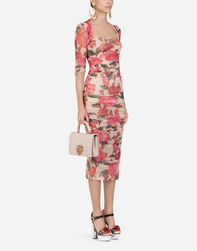 Shop Dolce & Gabbana Form-fitting Dress In Rose-print Tulle In Floral Print