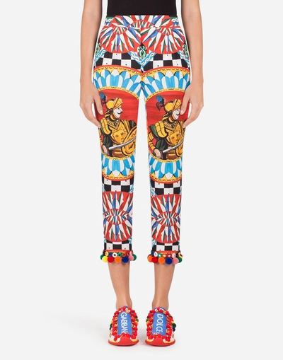 Shop Dolce & Gabbana Cotton Pants With Sicilian Carretto Print In Multi-colored