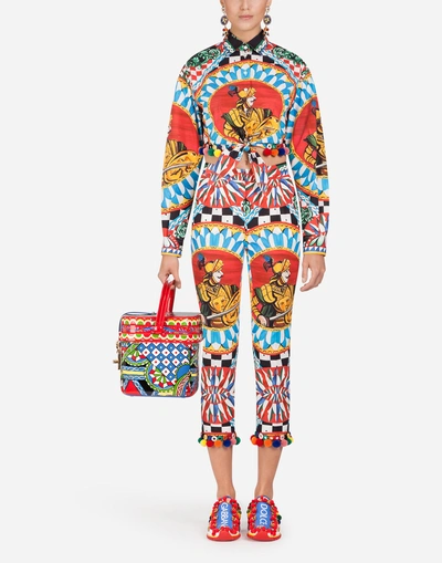Shop Dolce & Gabbana Cotton Pants With Sicilian Carretto Print In Multi-colored