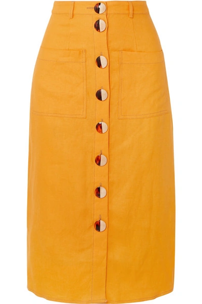 Shop Nicholas Button-embellished Linen Midi Skirt In Orange