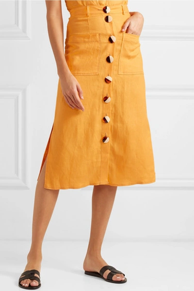 Shop Nicholas Button-embellished Linen Midi Skirt In Orange