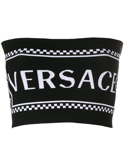 Versace Logo Intarsia Knit Bandeau Crop Top In Black | ModeSens