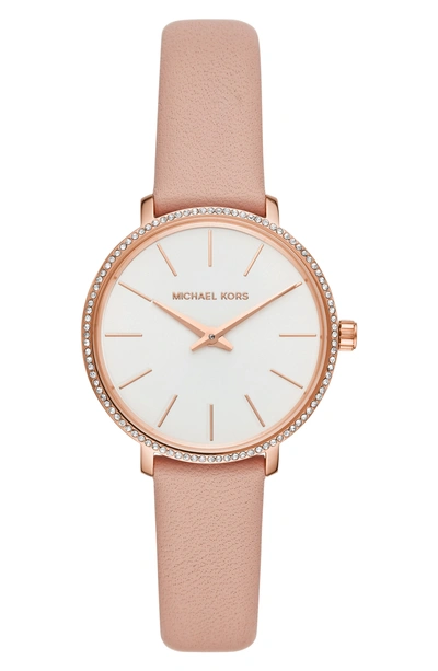 Shop Michael Michael Kors Mini Pyper Leather Strap Watch, 32mm In Pink/ White/ Rose Gold
