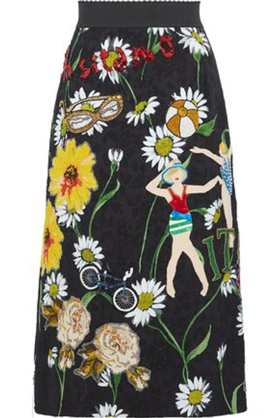 Shop Dolce & Gabbana Appliquéd Floral-print Jacquard Skirt In Black