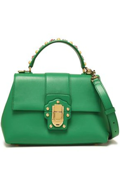 Shop Dolce & Gabbana Woman Embellished Leather Shoulder Bag Green