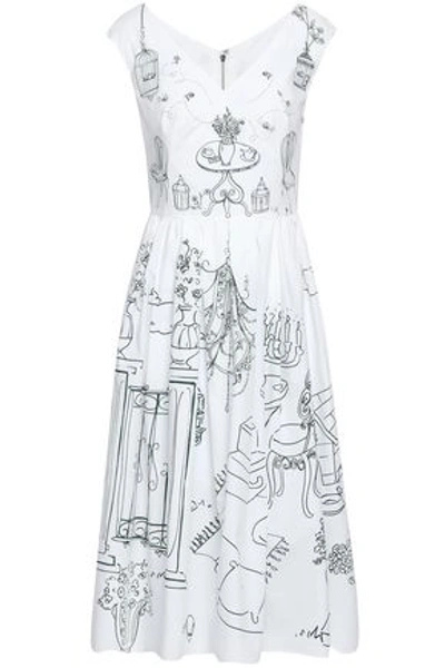 Shop Dolce & Gabbana Woman Pleated Printed Cotton-poplin Midi Dress White