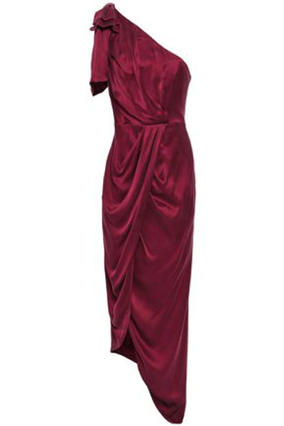 Shop Zimmermann One-shoulder Draped Washed-silk Gown In Burgundy