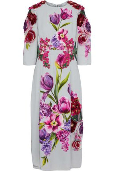 Shop Dolce & Gabbana Woman Appliquéd Floral-print Crepe Midi Dress Light Gray
