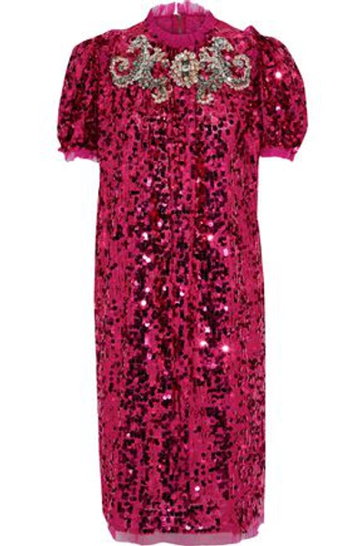 Shop Dolce & Gabbana Woman Embellished Tulle Dress Fuchsia