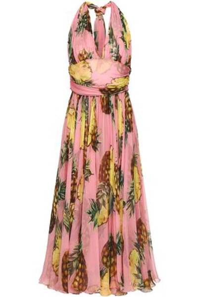 Shop Dolce & Gabbana Gathered Printed Silk-chiffon Halterneck Midi Dress In Baby Pink