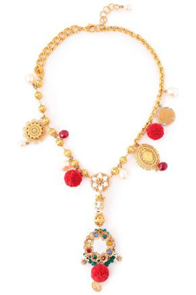 Shop Dolce & Gabbana Woman Gold-tone, Crystal, Resin And Pompom Necklace Gold