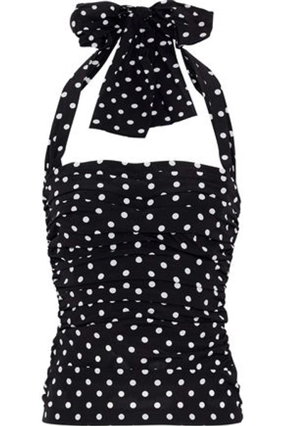 Shop Dolce & Gabbana Woman Ruched Polka-dot Stretch-silk Halterneck Top Black