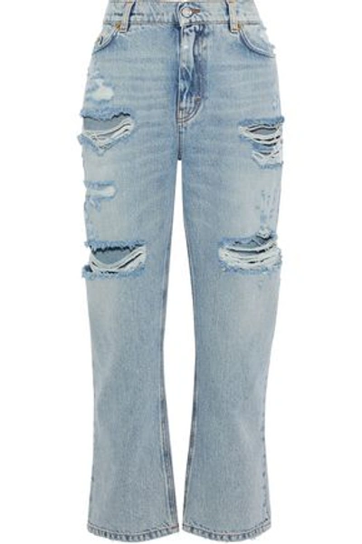 Shop Dolce & Gabbana Woman Embellished Distressed Mid-rise Straight-leg Jeans Blue