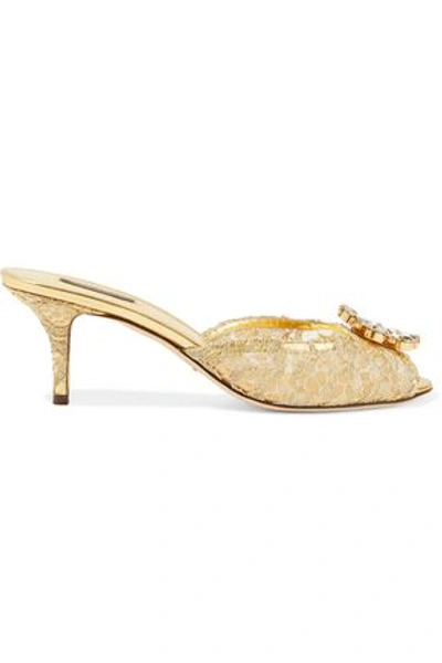 Shop Dolce & Gabbana Woman Keira Crystal-embellished Metallic Corded Lace Mules Gold