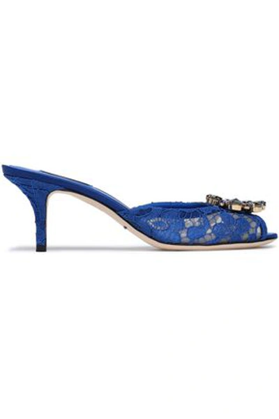 Shop Dolce & Gabbana Woman Keira Crystal-embellished Corded Lace Mules Blue