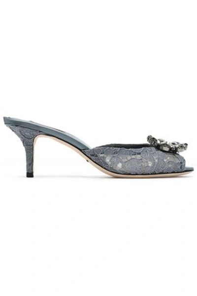 Shop Dolce & Gabbana Woman Keira Crystal-embellished Corded Lace Mules Gray