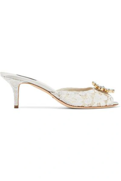 Shop Dolce & Gabbana Keira Crystal-embellished Corded Lace Mules In Off-white