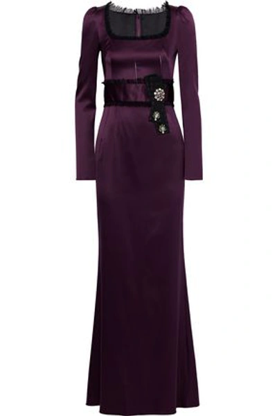 Shop Dolce & Gabbana Lace-trimmed Embellished Stretch-silk Satin Gown In Purple