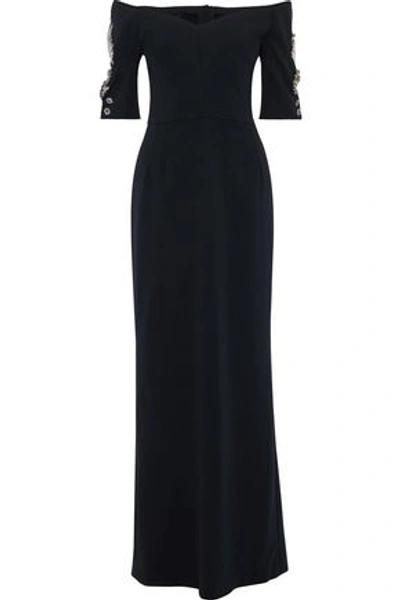 Shop Dolce & Gabbana Woman Off-the-shoulder Crystal-embellished Stretch-silk Crepe Maxi Dress Midnight Bl In Midnight Blue