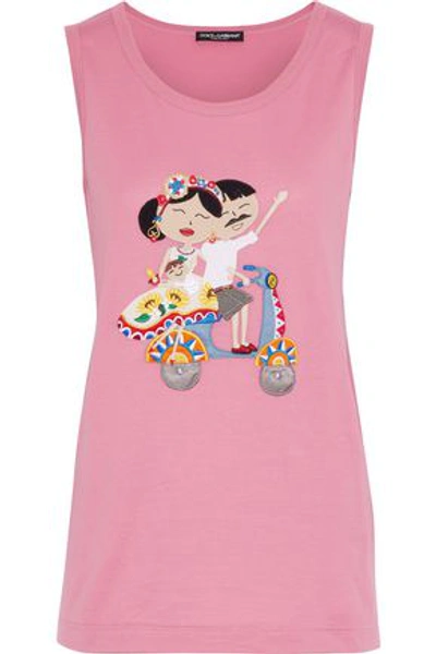 Shop Dolce & Gabbana Woman Appliquéd Cotton-jersey Tank Pink