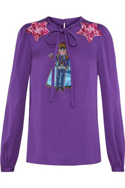 Shop Dolce & Gabbana Woman Appliquéd Stretch-silk Blouse Purple