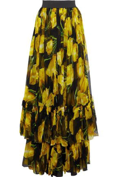 Shop Dolce & Gabbana Woman Tiered Printed Silk-chiffon Maxi Skirt Yellow