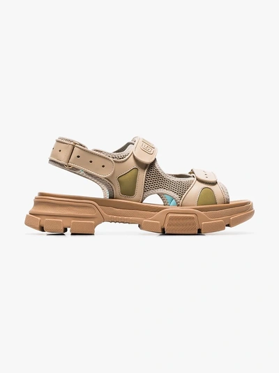 Shop Gucci Brown Aguru Leather And Mesh Hiking Sandals