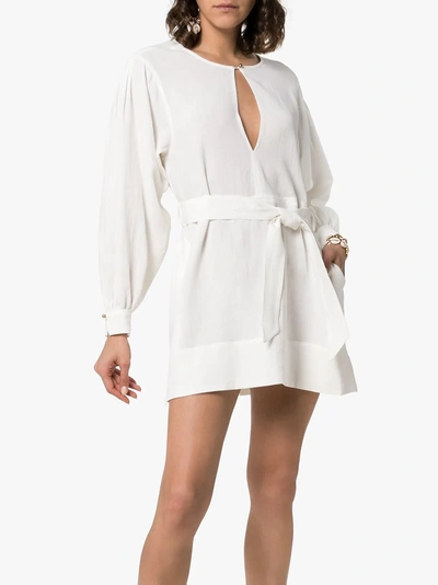 Shop Le Kasha Byblos Long-sleeved Keyhole Linen Mini Dress In White