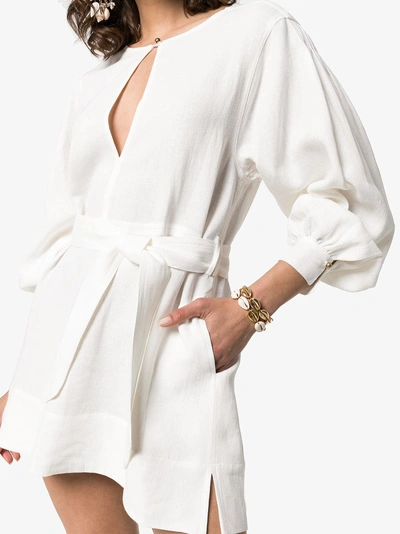 Shop Le Kasha Byblos Long-sleeved Keyhole Linen Mini Dress In White