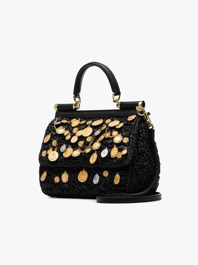Shop Dolce & Gabbana Black Sicily Charm-embellished Raffia Shoulder Bag