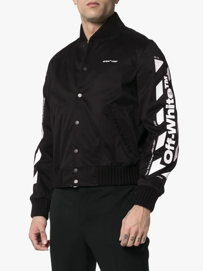 Shop Off-white Striped Sleeve Logo Print Bomber Jacket In 1001 Black