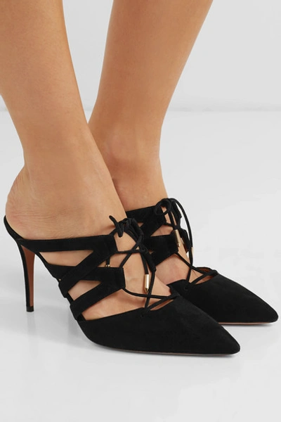 Shop Aquazzura Belgravia Lace-up Suede Mules In Black