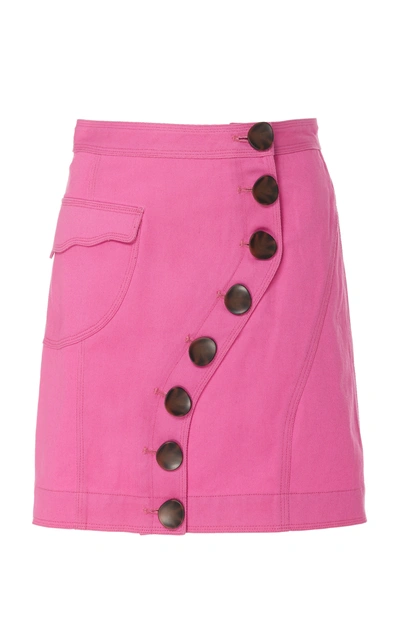 Shop Acler Tana Asymmetrical Button-front Denim Skirt In Pink