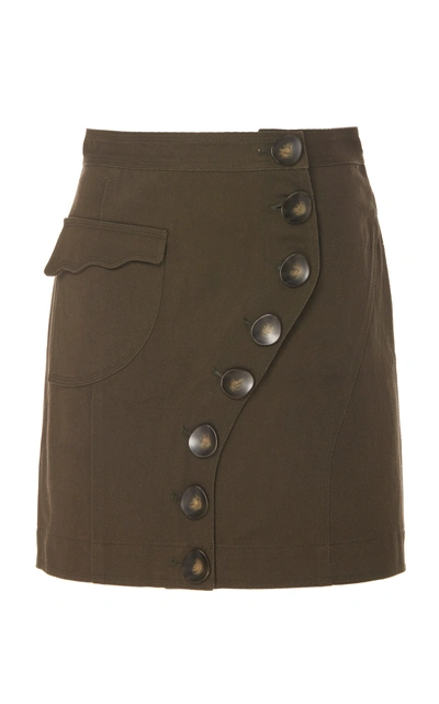 Shop Acler Tana Asymmetrical Button-front Denim Skirt In Brown