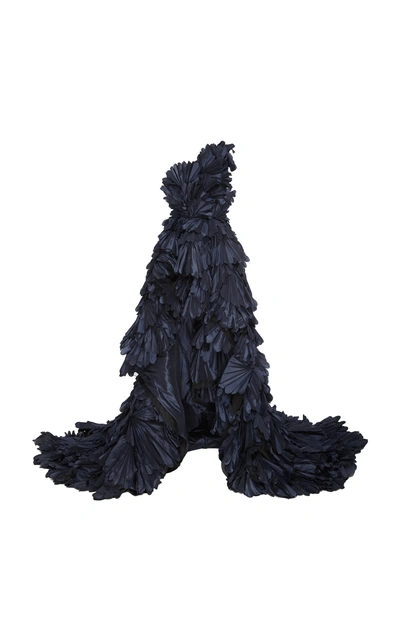 Shop Oscar De La Renta Asymmetric One-shoulder Silk-satin Gown In Blue