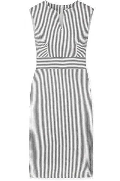 Shop Max Mara Caraffa Striped Stretch Cotton And Linen-blend Dress In Gray