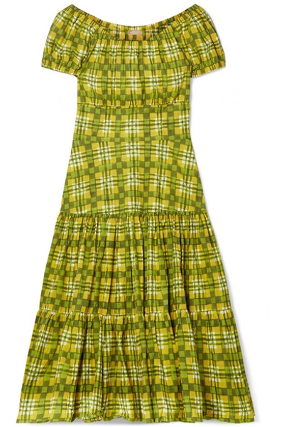 Shop Michael Kors Off-the-shoulder Checked Tiered Cotton-poplin Midi Dress In Lime Green