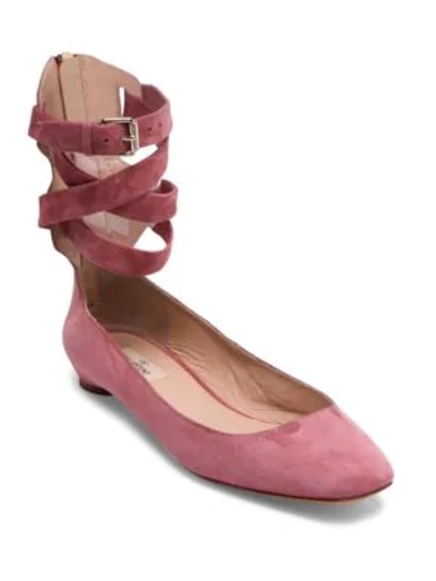 Shop Valentino Suede Ankle-wrap Flats In Antique Rose