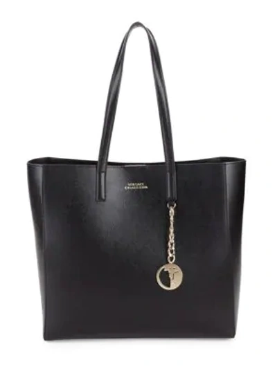 Shop Versace Logo Leather Tote In Black