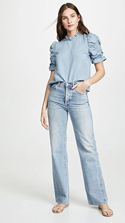 Shop Moon River Ruched Sleeve Top In Slate Blue