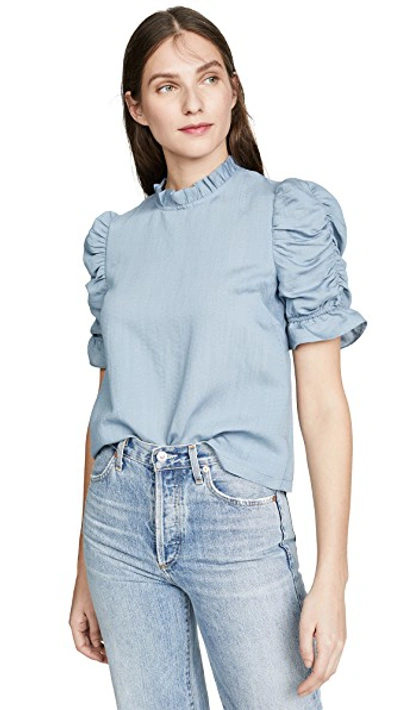 Shop Moon River Ruched Sleeve Top In Slate Blue