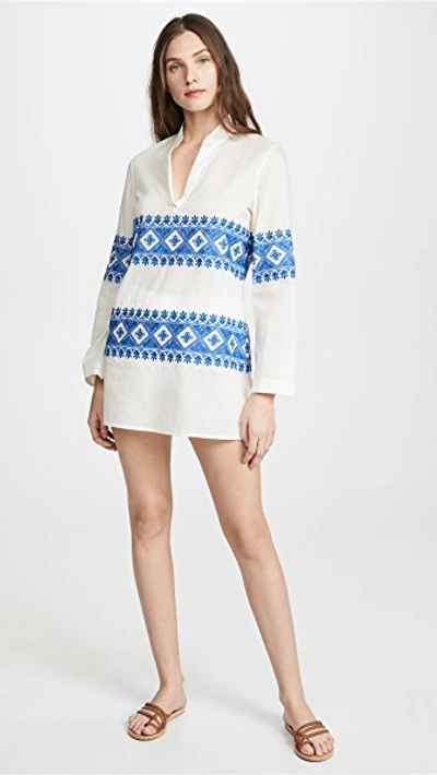 Shop Tory Burch Stephanie Embroidered Tunic In New Ivory/bondi Blue