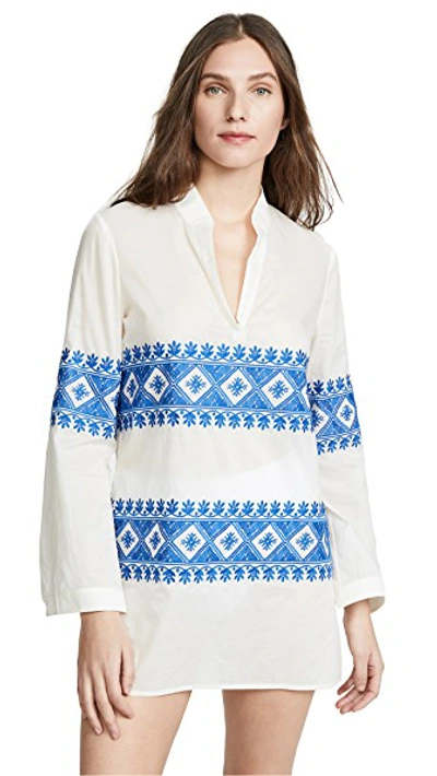 Shop Tory Burch Stephanie Embroidered Tunic In New Ivory/bondi Blue